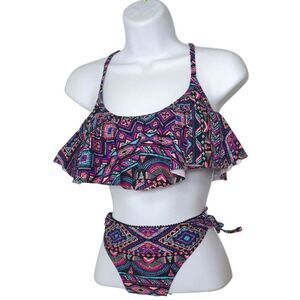 Womens Bikini S/M Aztec Print Ruffled Strappy Back High Waist Bottoms Two-Piece